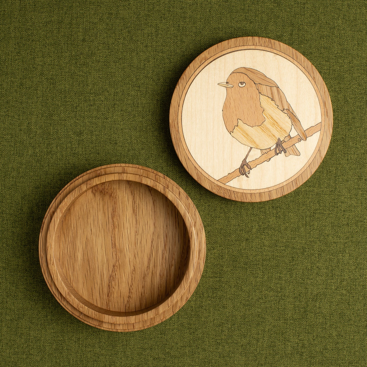 Traditional Oak Keepsake Box with Robin Marquetry, optional Personalised Engraving