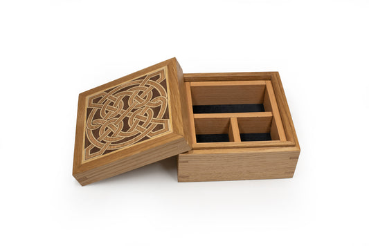 Keepsake Box, Handcrafted of Solid Oak with Celtic Lindesfarne Marquetry inlays, optional Personalised engraving