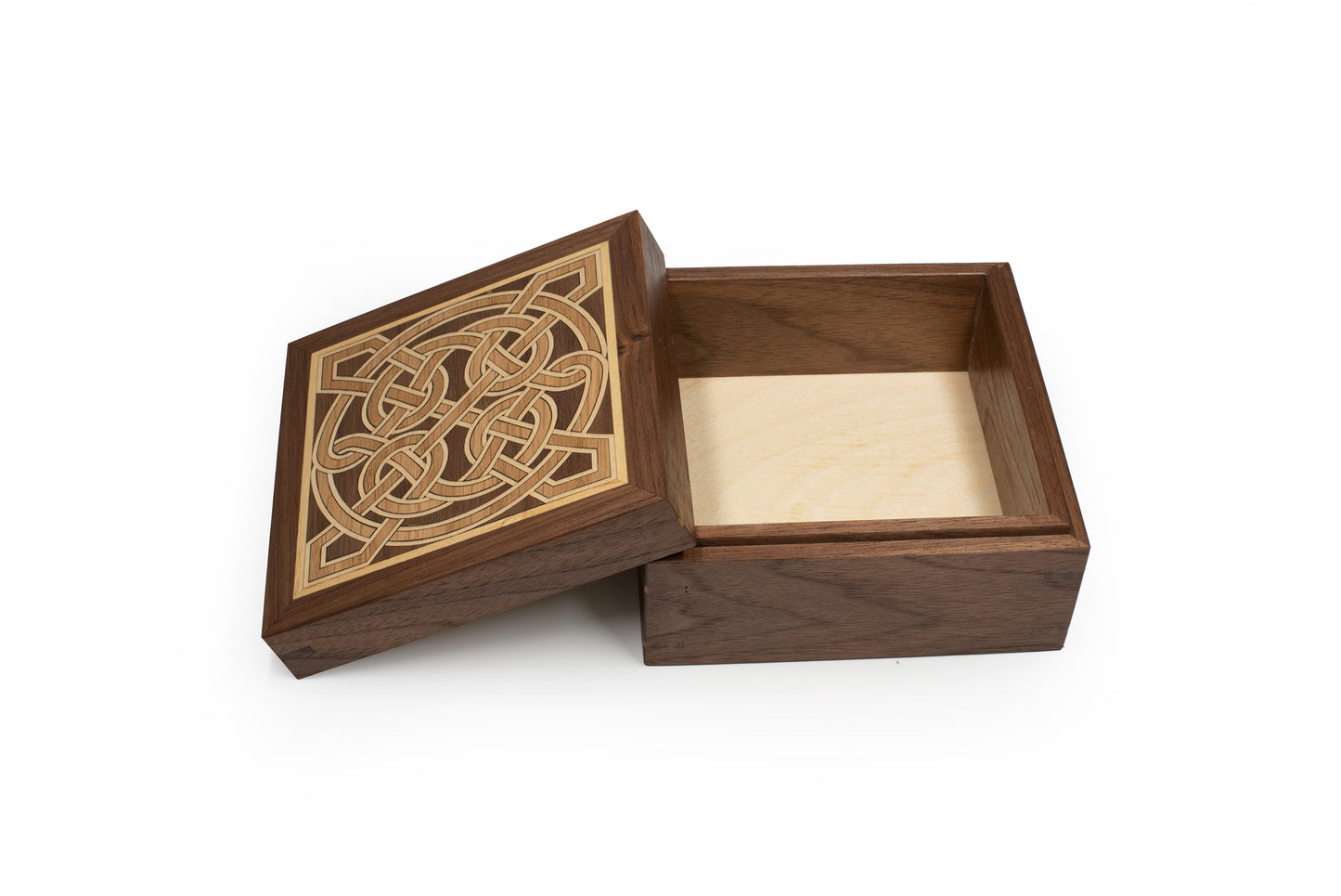 Keepsake Box, Handcrafted of Solid Walnut with Celtic Lindesfarne Marquetry inlays, optional Personalised engraving