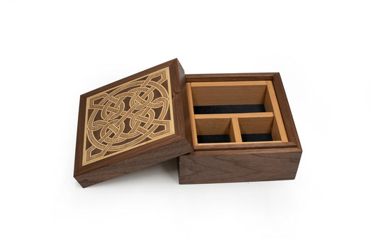 Keepsake Box, Handcrafted of Solid Walnut with Celtic Lindesfarne Marquetry inlays, optional Personalised engraving