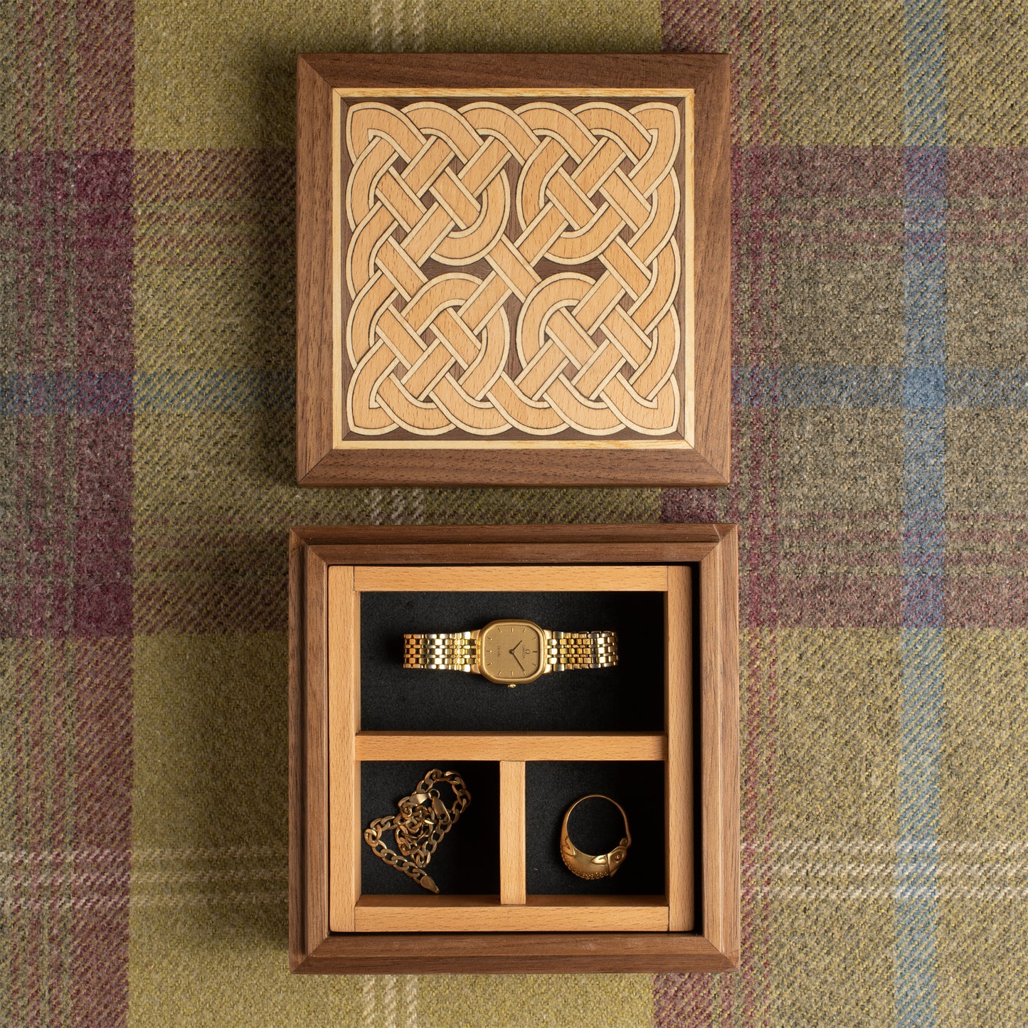 Keepsake Box, Handcrafted of Solid Walnut with Beech Celtic Pictish Marquetry inlays, optional Personalised engraving